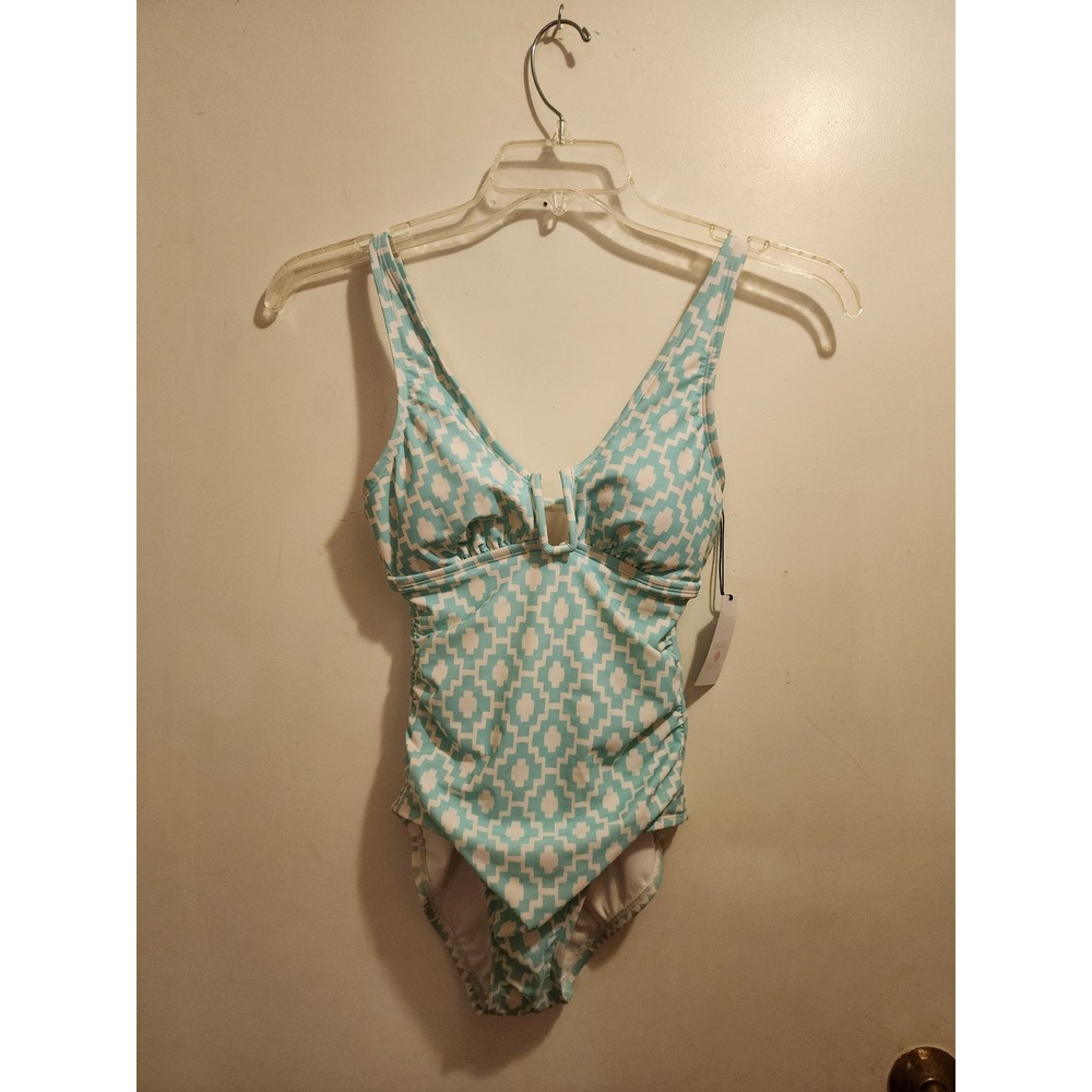 Shade & Shore Blue White Geometric One Piece Swimsuit XS 0-2 238105275